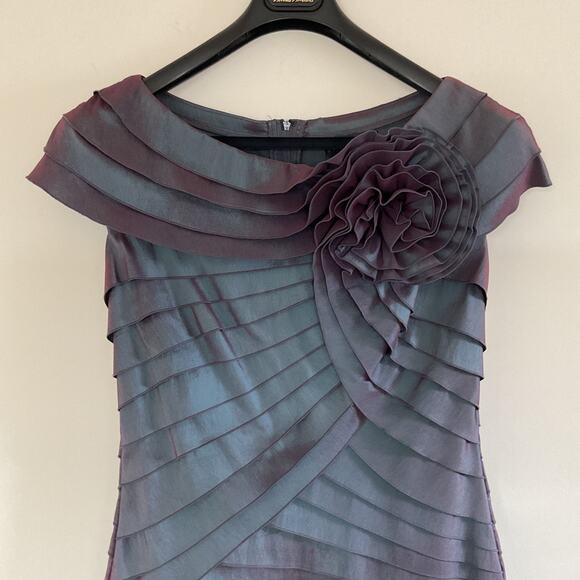 Tadashi Shoji Taffeta Rosette Shutter Pleat Gown Dress 10 Purple Blue Iridescent - Picture 2 of 10